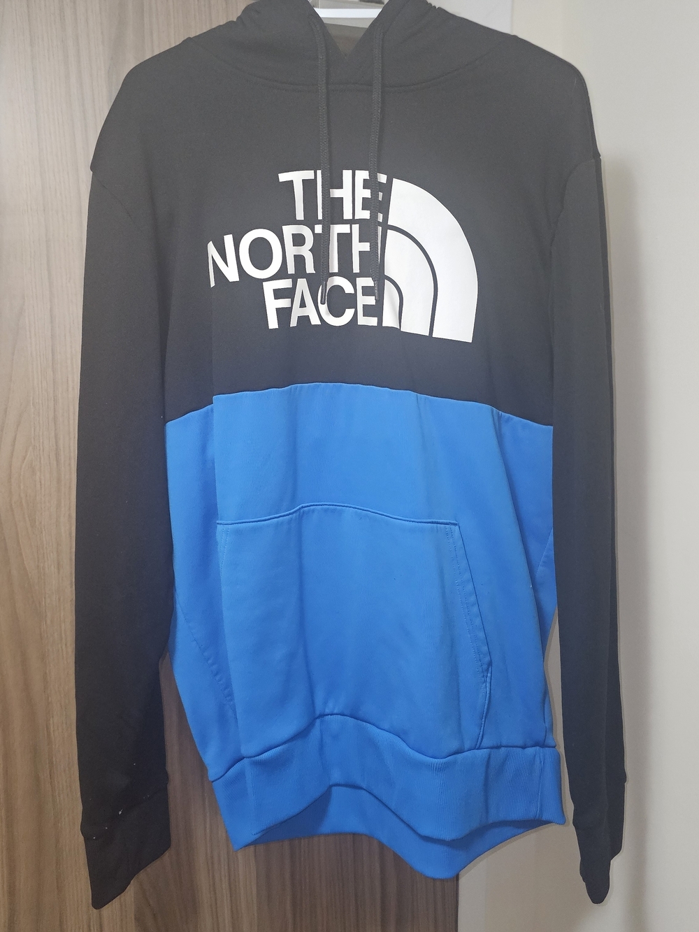 The North Face Black and Blue Pullover Hoodie with White Logo XL